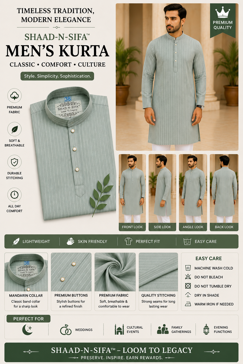 Shad-n-Sifa™ Sage Stripe Royale Kurta