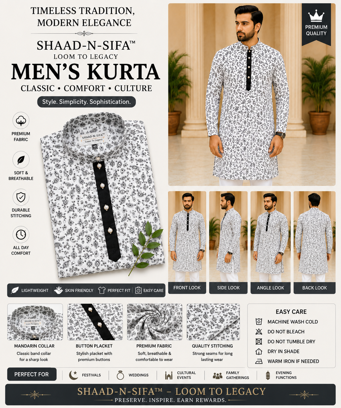 Shad-n-Sifa™ Royale Black & white Kurta