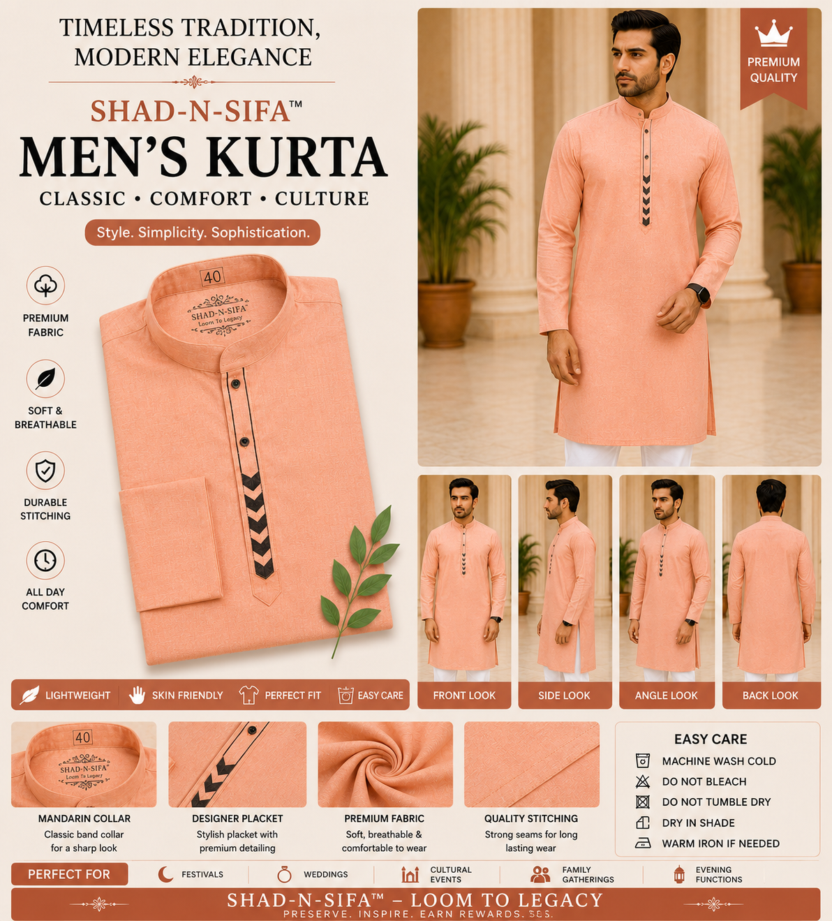 Shad-n-Sifa™ Peach Heritage Kurta