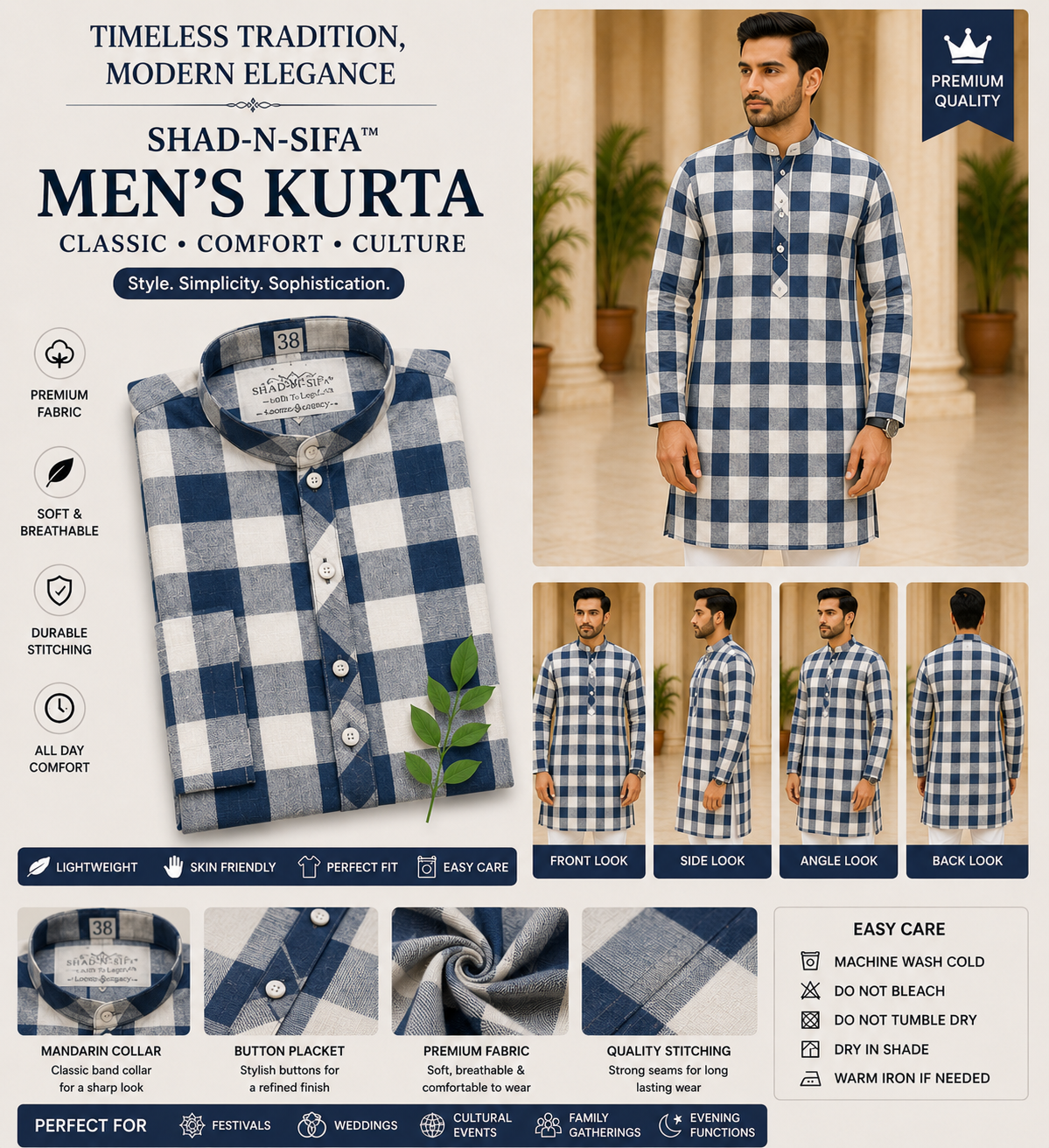 Shad-n-Sifa™ Blue Check Royale Kurta