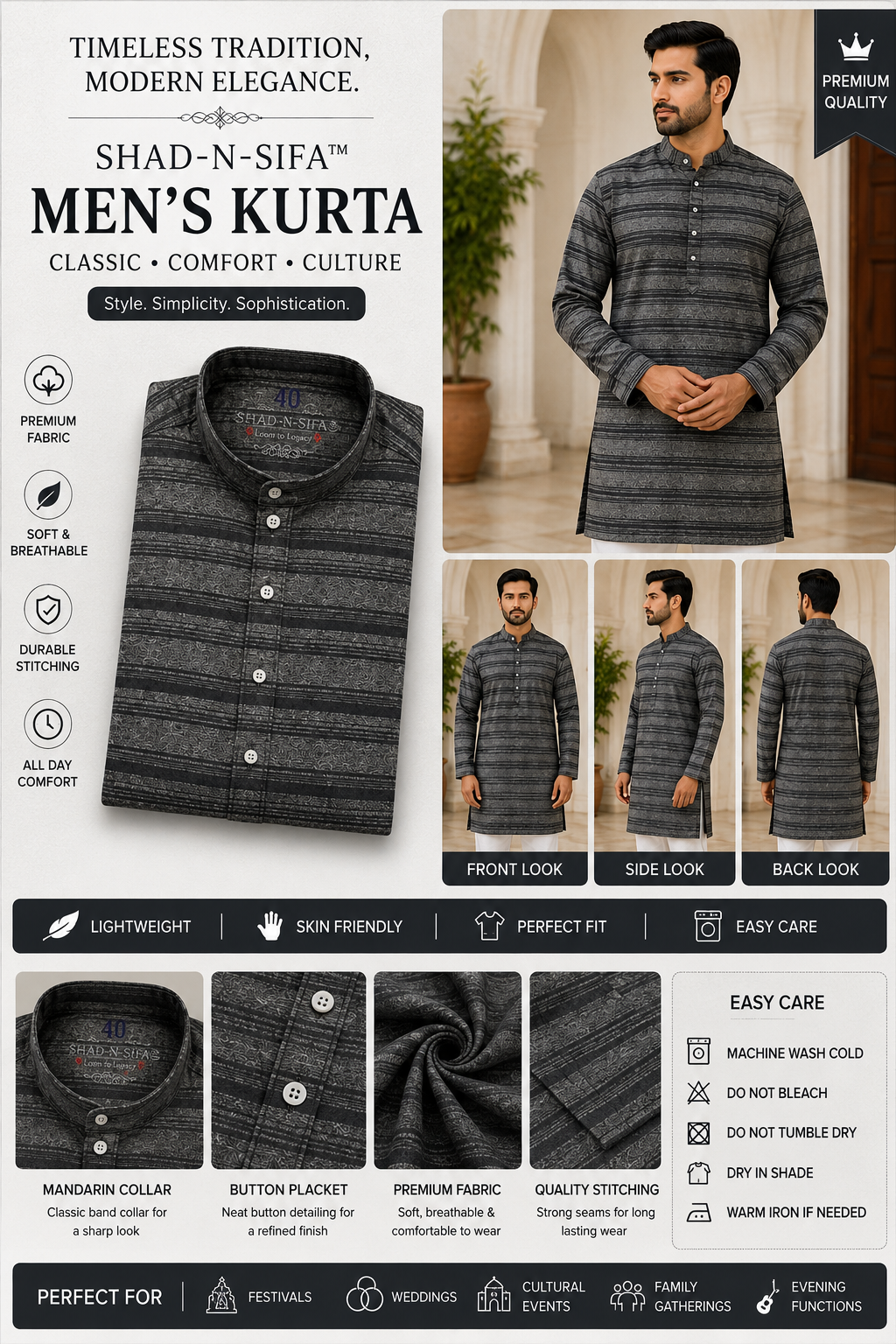 Shad-n-Sifa™ Charcoal Heritage Khadi Kurta