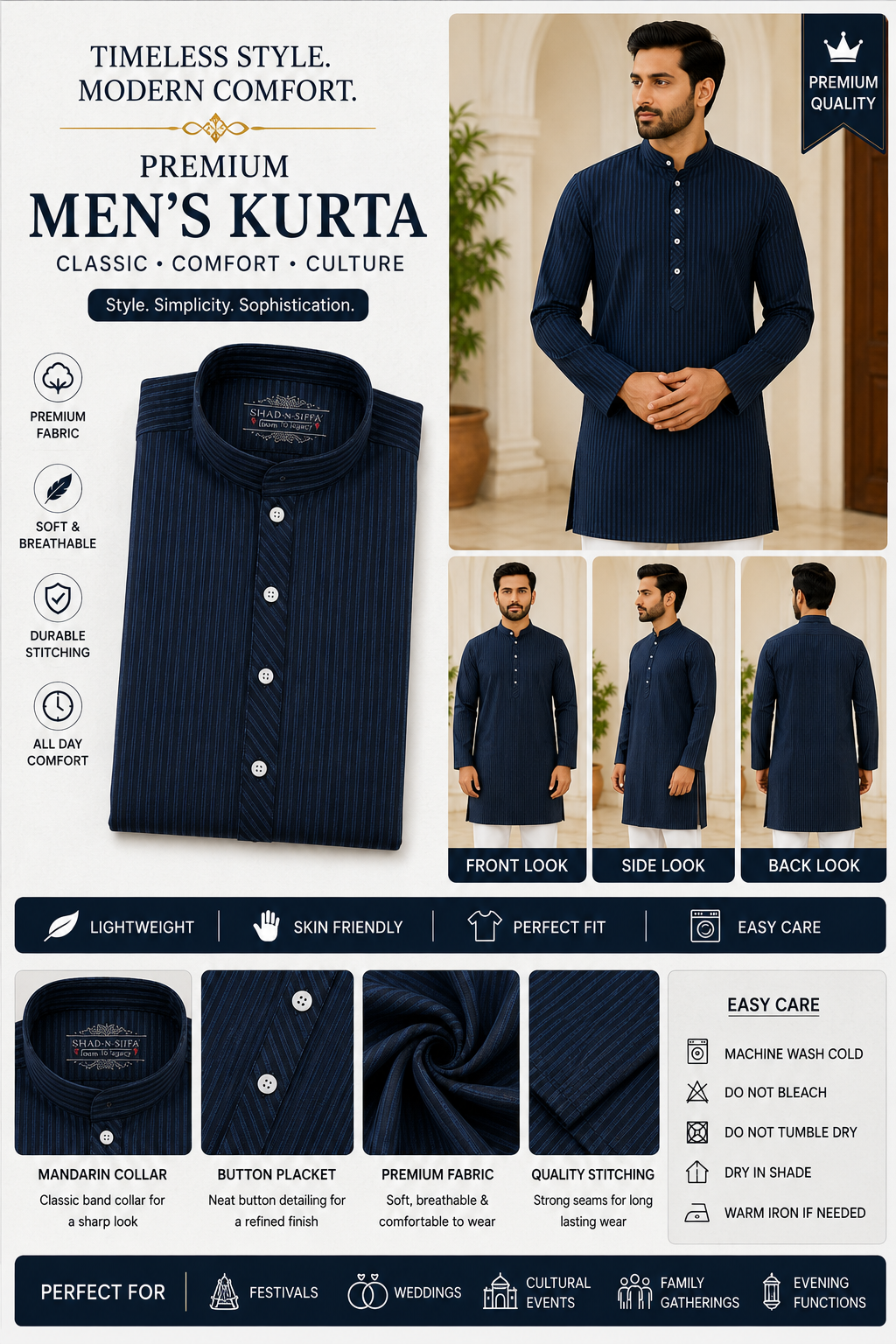 Shad-n-Sifa™ Midnight Royale Navy Regent Striped Kurta