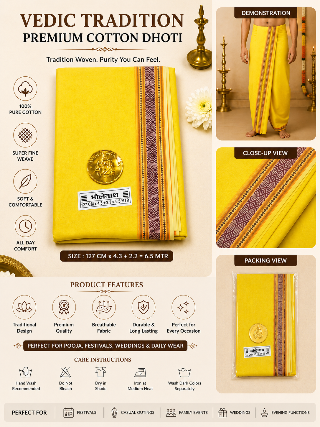 Bholenath Gold Border Cotton Dhoti
