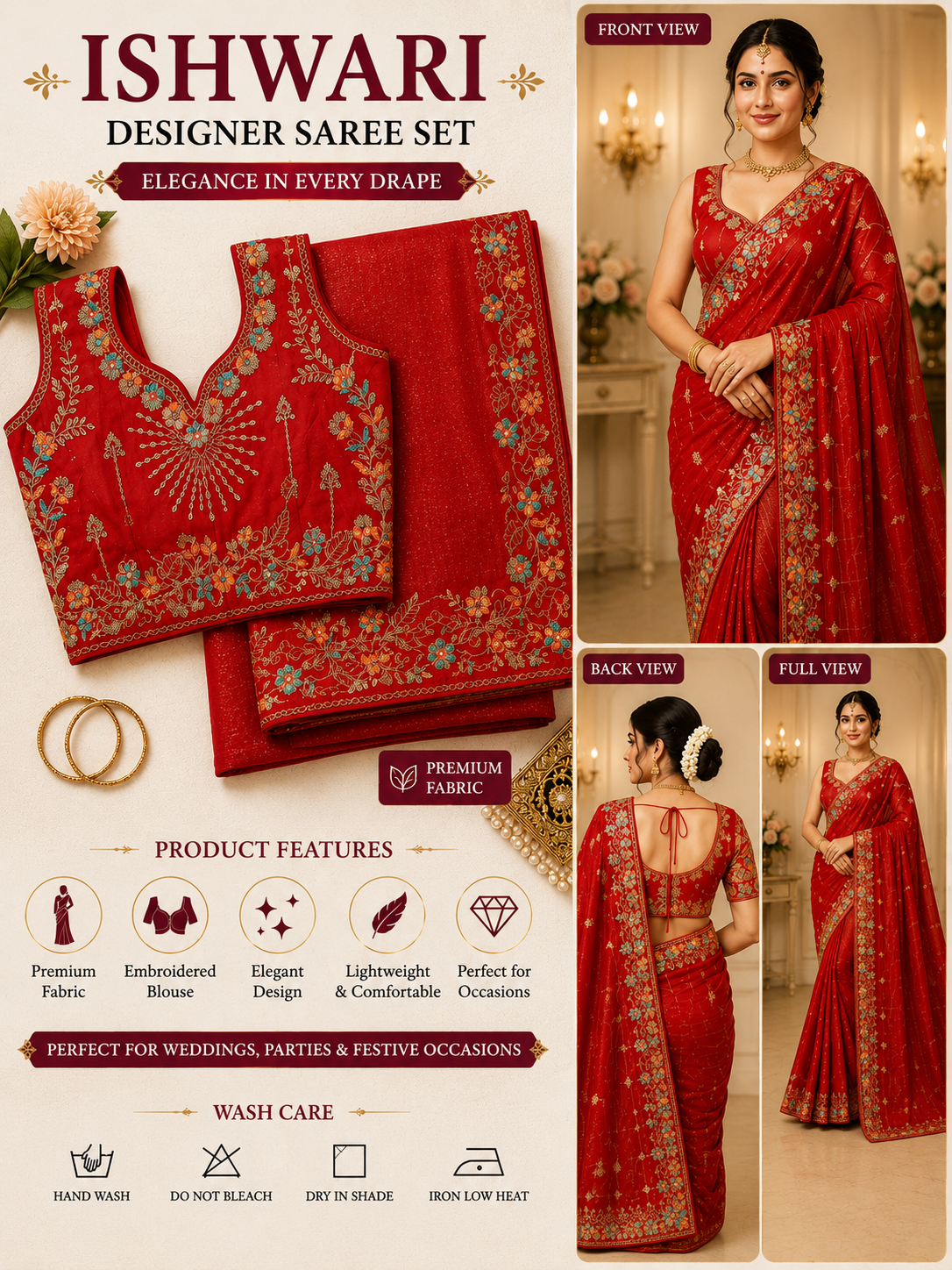 Premium Floral Thread Work Red Saree Collection