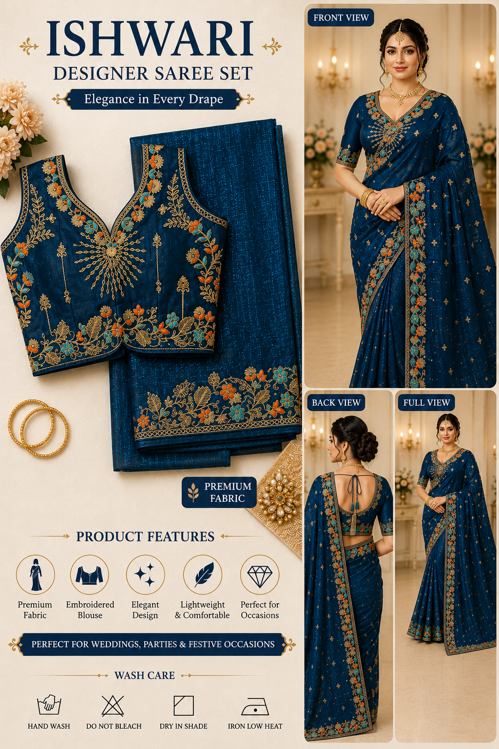 Women's Peacock Blue Embroidered Designer Saree