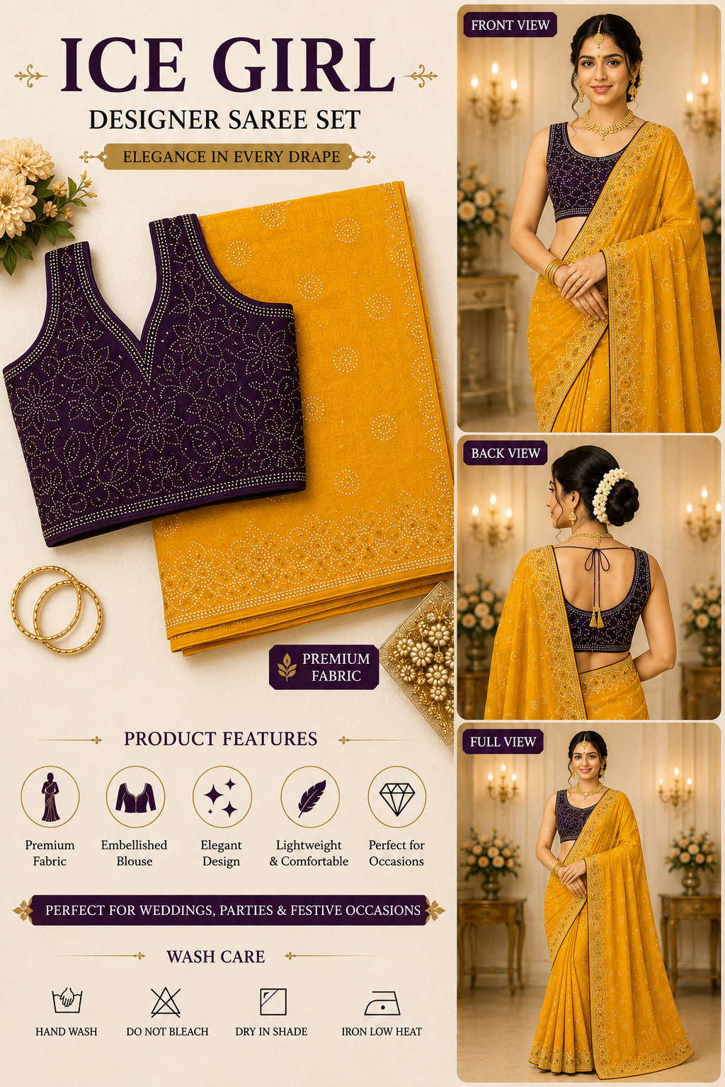 ICE GIRL Purple & Mustard Designer Saree Set