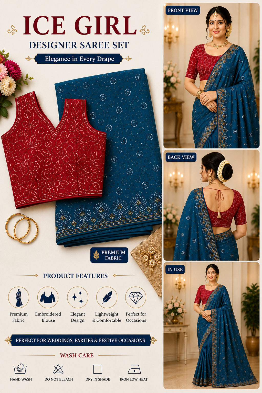 Royal Blue Designer Saree with Red Stone Work Blouse