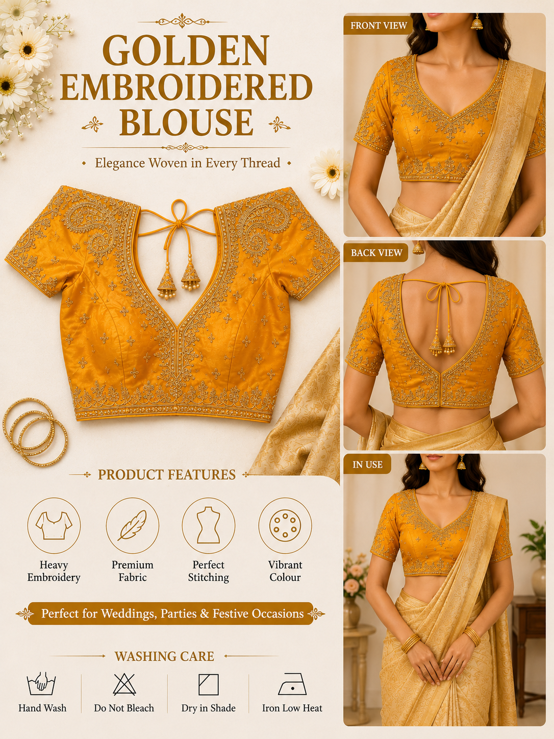 Designer V-Neck Embroidered Silk Blouse for Saree
