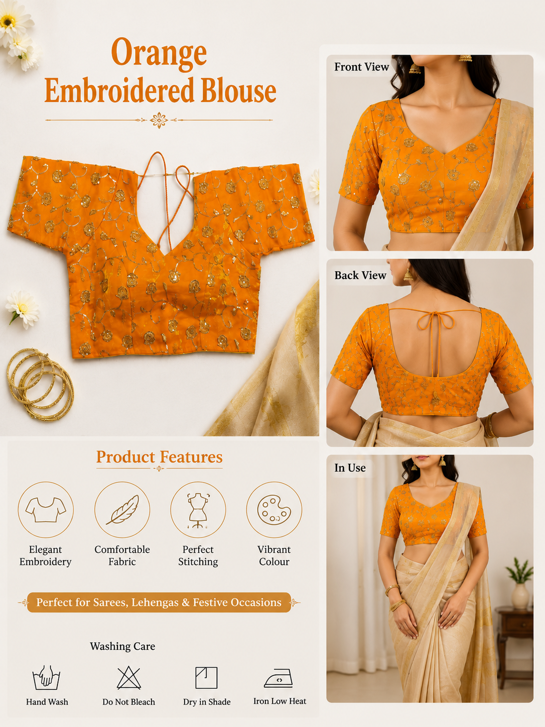 Women's Party Wear Orange Golden Embroidery Blouse