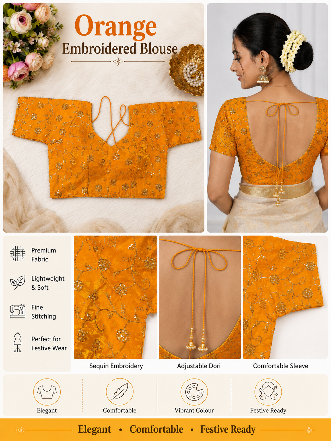 Golden Vine Embroidered Orange Designer Blouse
